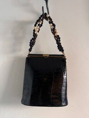 Vintage Lesco Black Alligator Bag with Beaded Handle c1960s